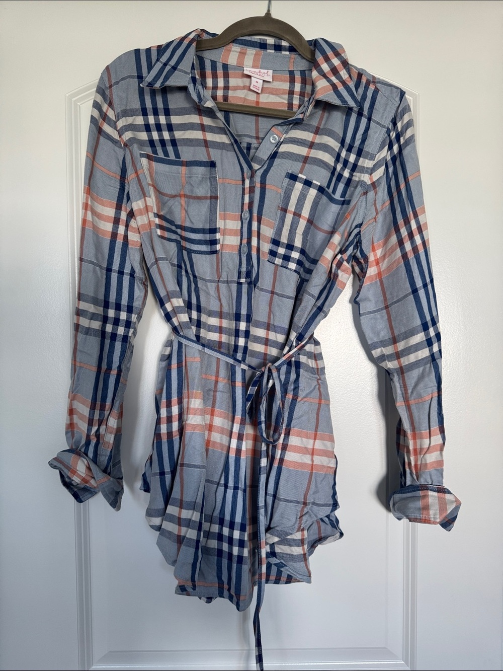Isabel Maternity by Ingrid & Isabel Light Blue Plaid Tie-Waist Long Sleeve Top